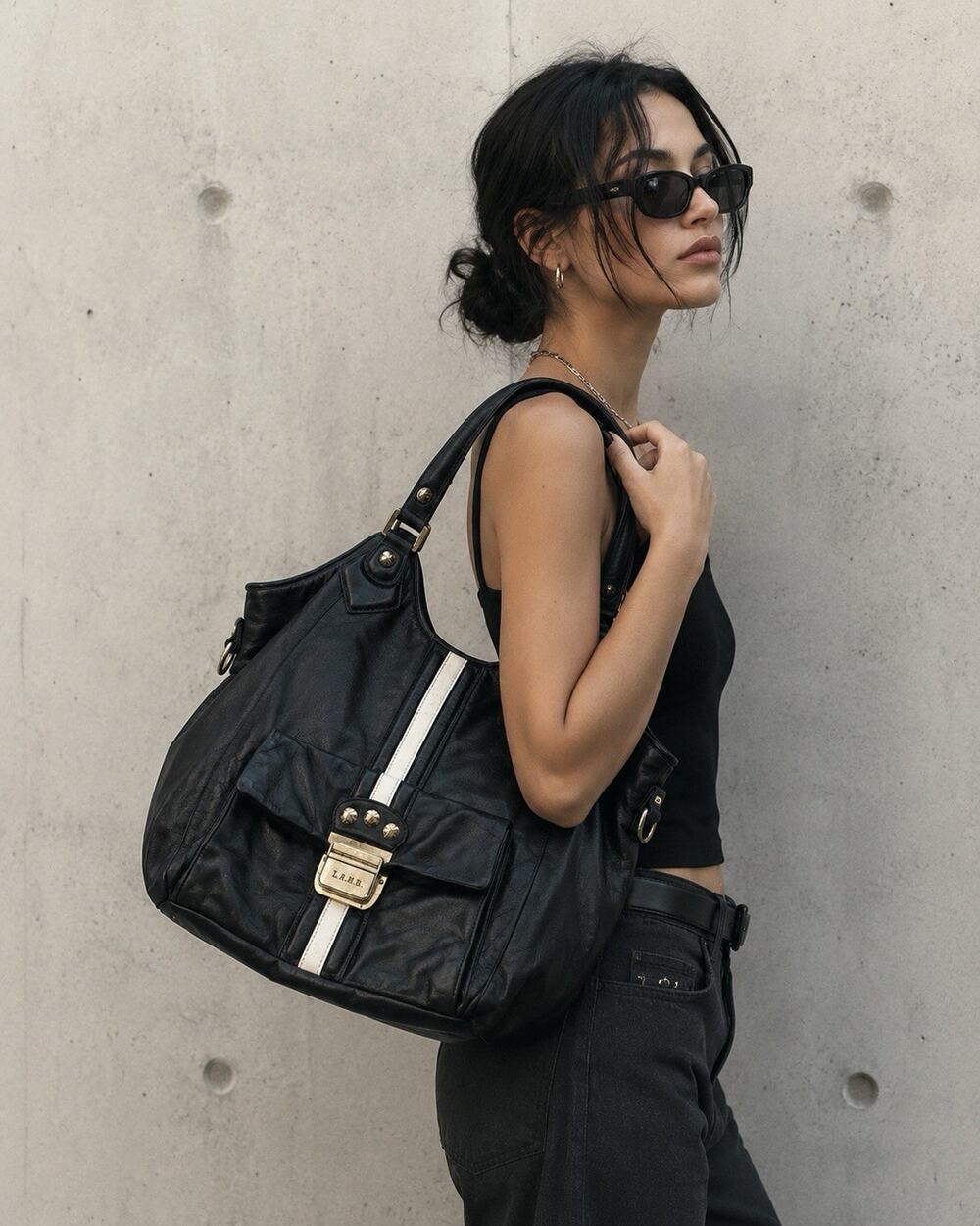 Vintage L.A.M.B. Gwen Stefani Black Leather Satchel Tote White Stripe
